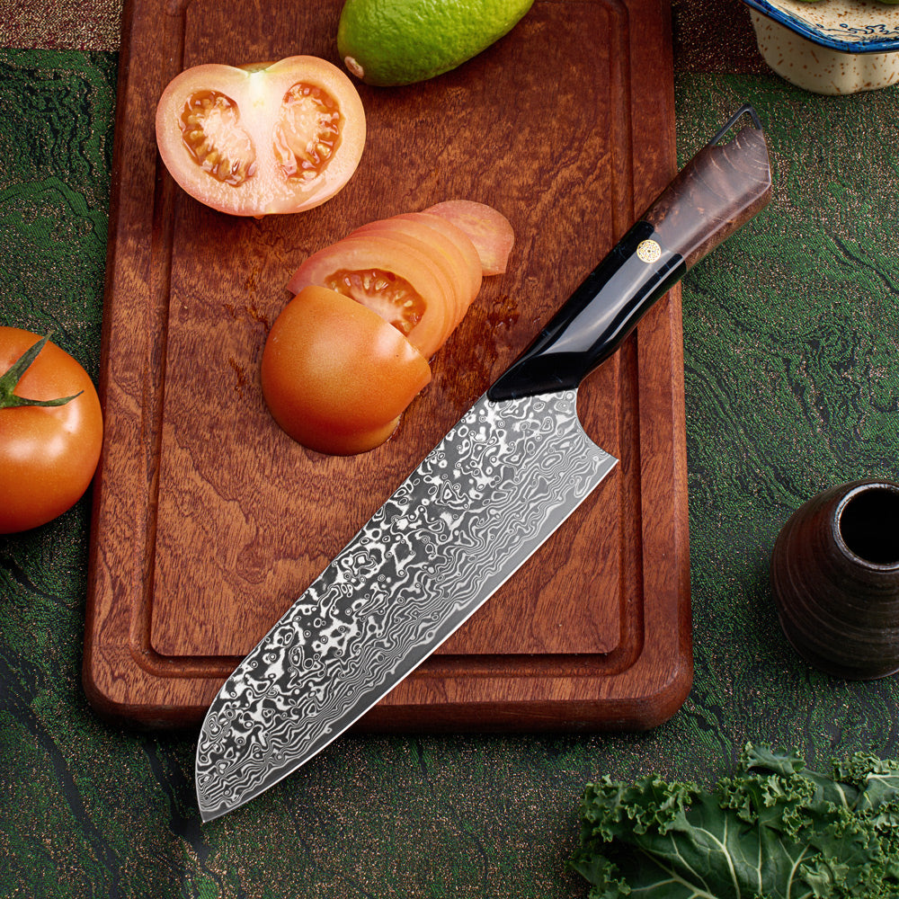 Damaškový nůž Santoku Hikari – 7palcová čepel VG10 a rukojeť z javoru a pryskyřice
