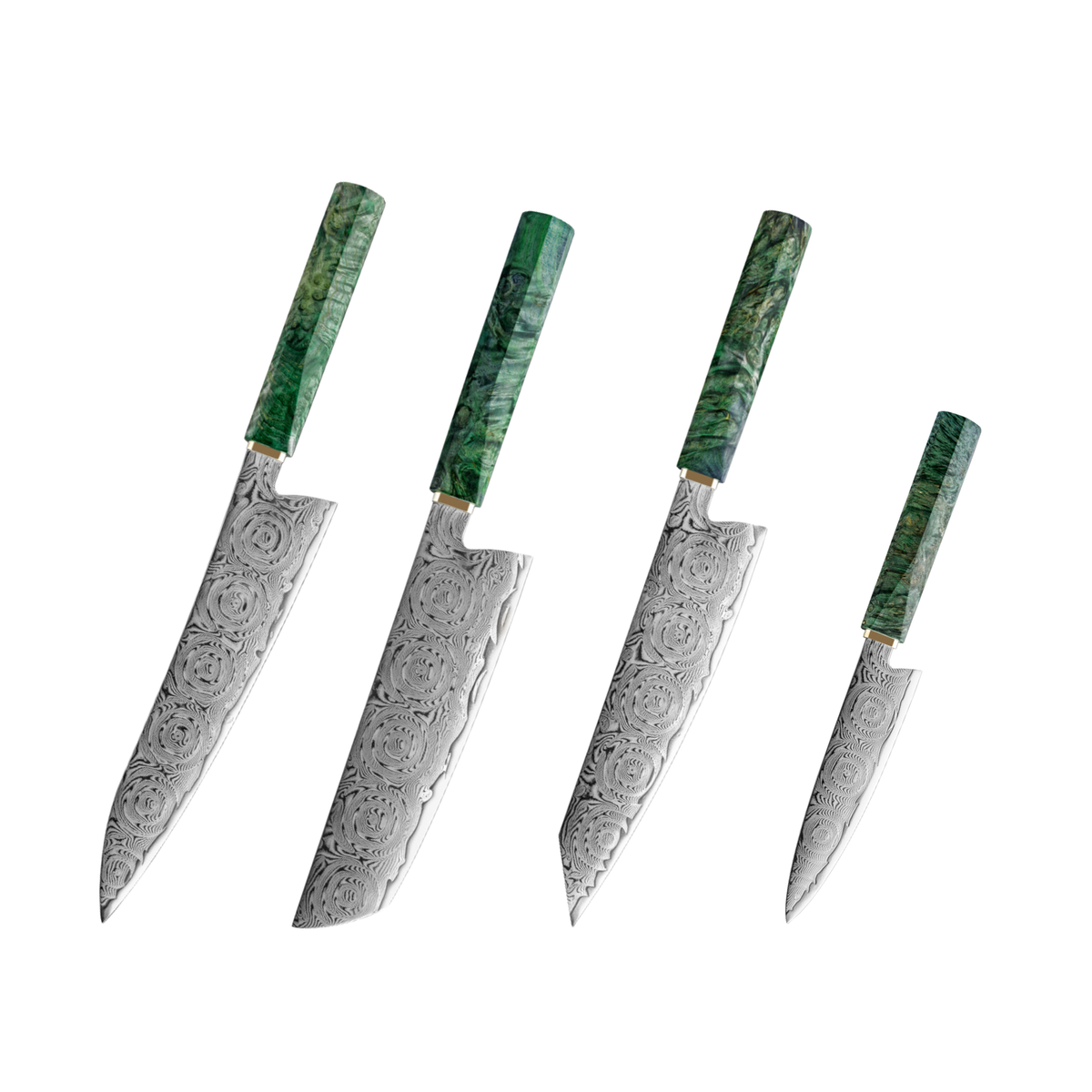 Four Damascus steel kitchen knives with green marbled handles, arranged diagonally from largest to smallest on a solid white background.