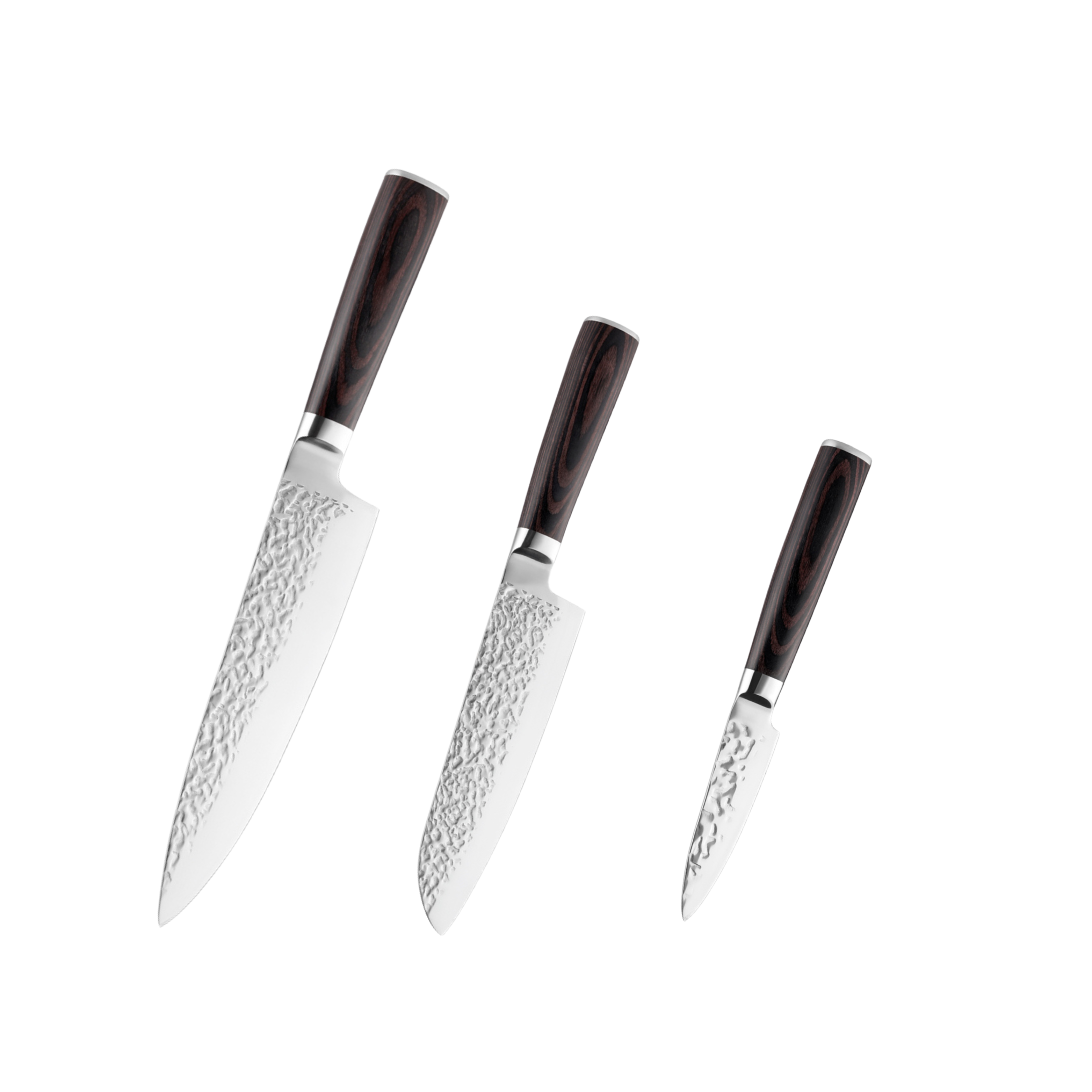 Sada nožů Hikari z tepané nerezové oceli – kuchařský nůž, Mini Santoku a loupací nůž H332