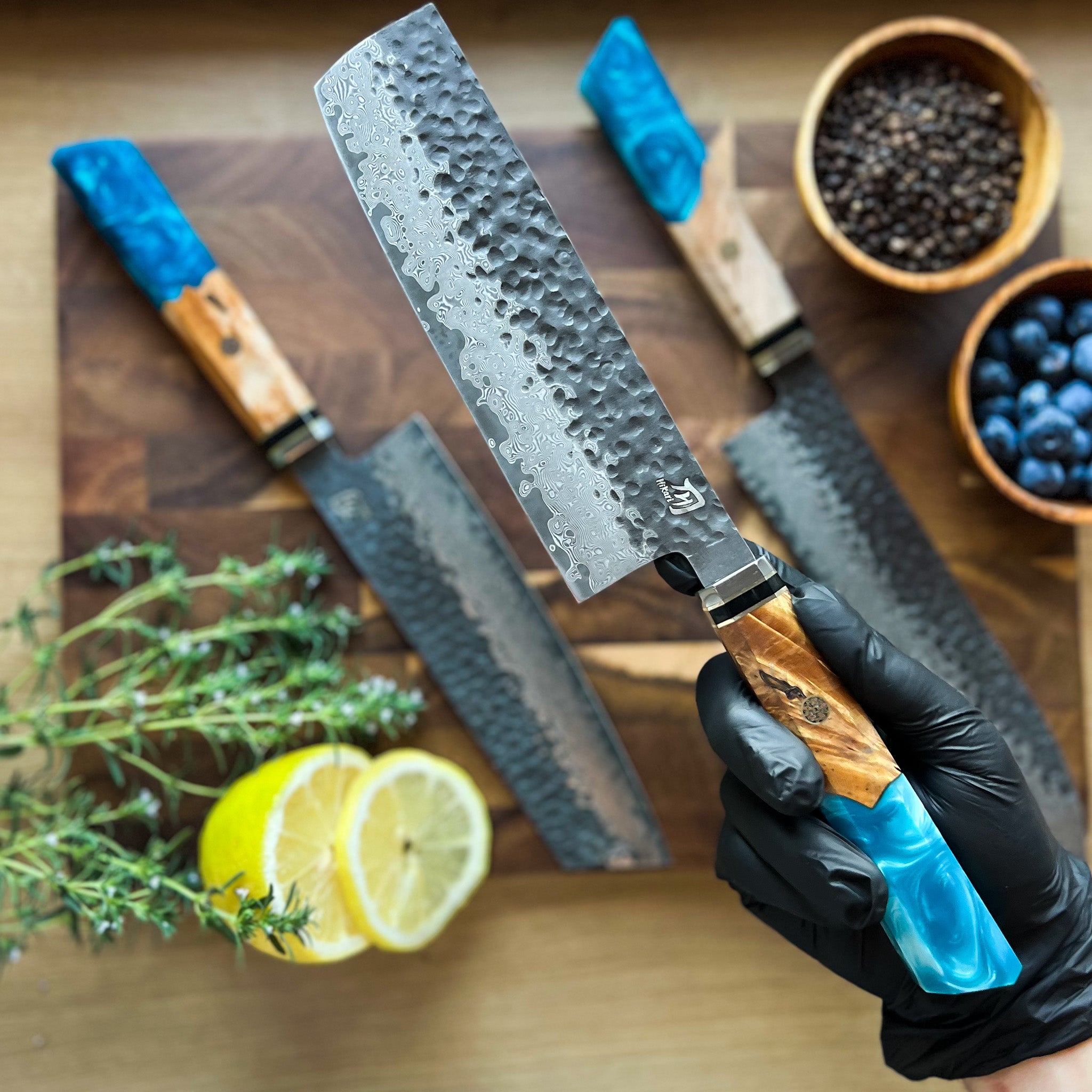 Kuchyňský nůž Nakiri - čepel z damaškové oceli VG -10, ergonomická rukojeť z burelu, profesionální nůž na zeleninu - Hikari