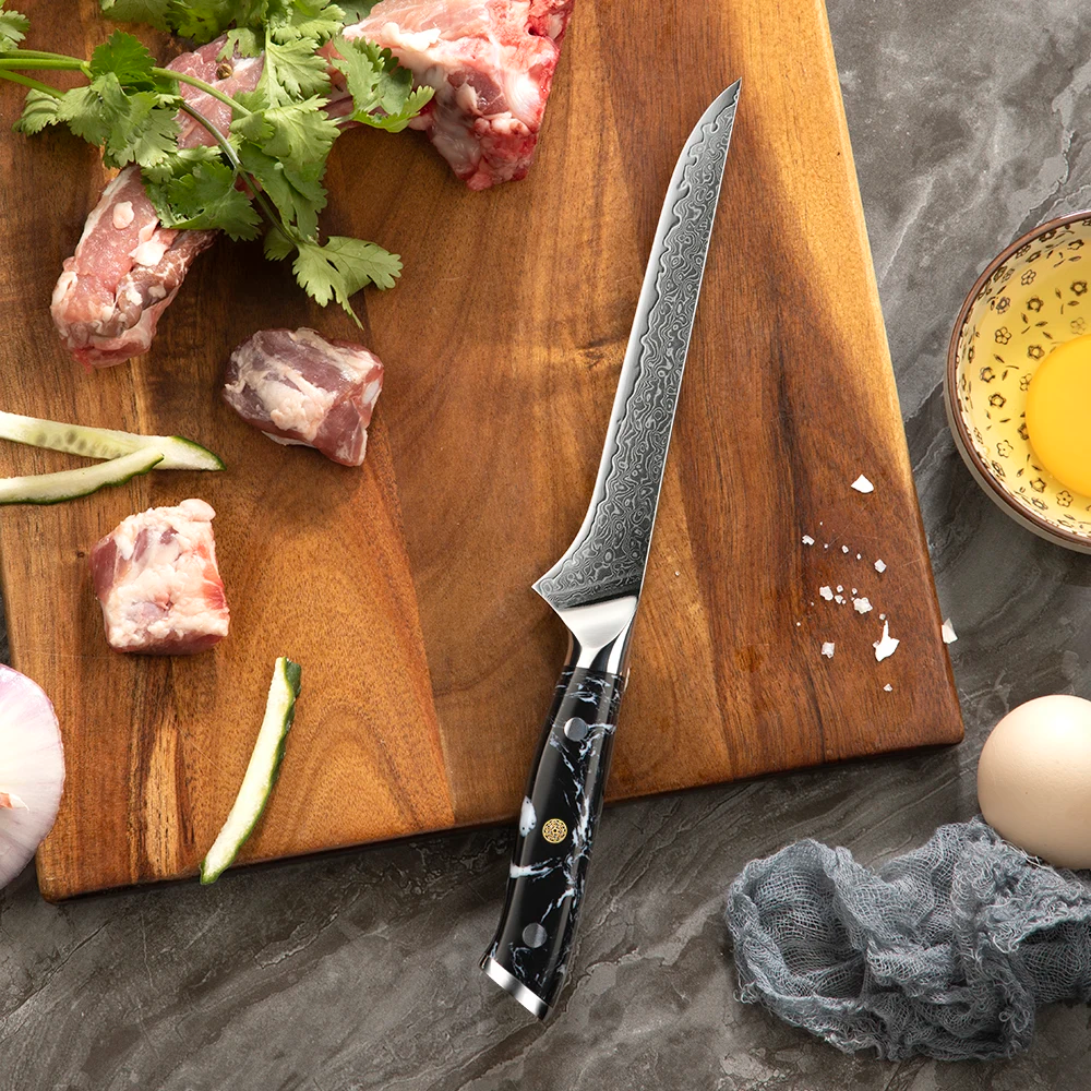 Profesionální vykosťovací nůž, Hikari - filetovací a porcovací nůž na maso a ryby, čepel z damaškové oceli, Honesuki - Hikari