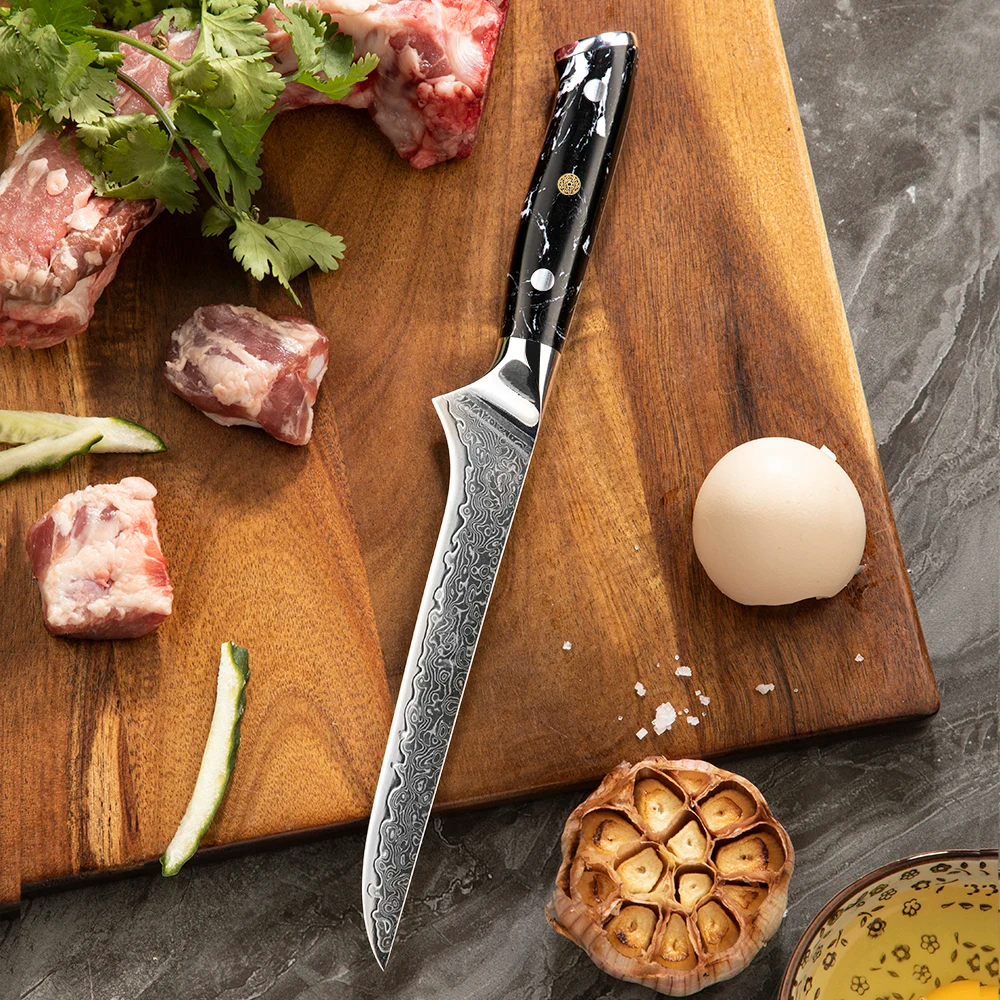 Professional Boning Knife, Hikari – Filleting & Carving Knife for Meat and Fish, Damascus Steel Blade, Honesuki - Hikari