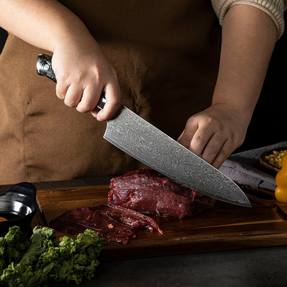 Profesionální šéfkuchařský nůž, nůž Hikari - japonský kuchyňský nůž z damaškové oceli VG-10, ergonomická rukojeť z uhlíkových vláken - Hikari