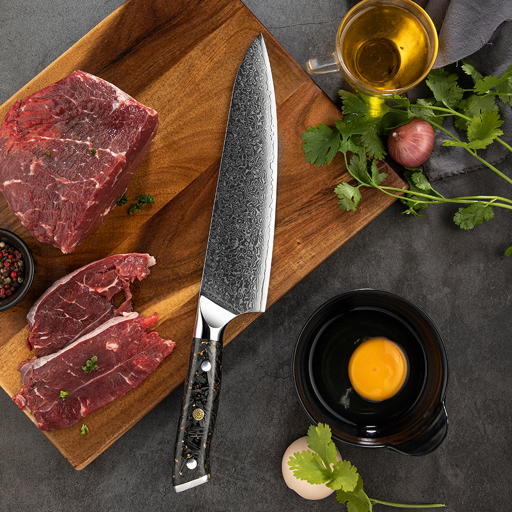 Profesionální šéfkuchařský nůž, nůž Hikari - japonský kuchyňský nůž z damaškové oceli VG-10, ergonomická rukojeť z uhlíkových vláken - Hikari