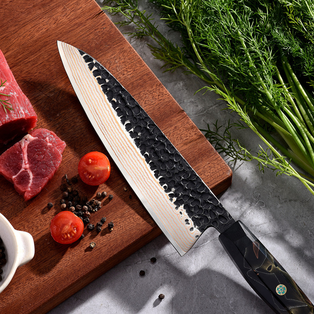 Premium Chef's Knife, Hikari Knife - Japanese Style, VG -10 with Damascus Finish and Copper Handle - Hikari