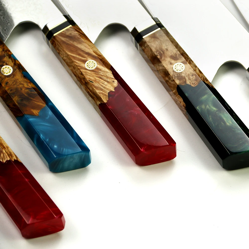 Prémiový nůž Kiritsuke, Hikari – damašková ocel VG-10, stylová rukojeť z pryskyřice a burlového dřeva pro přesnost - Hikari