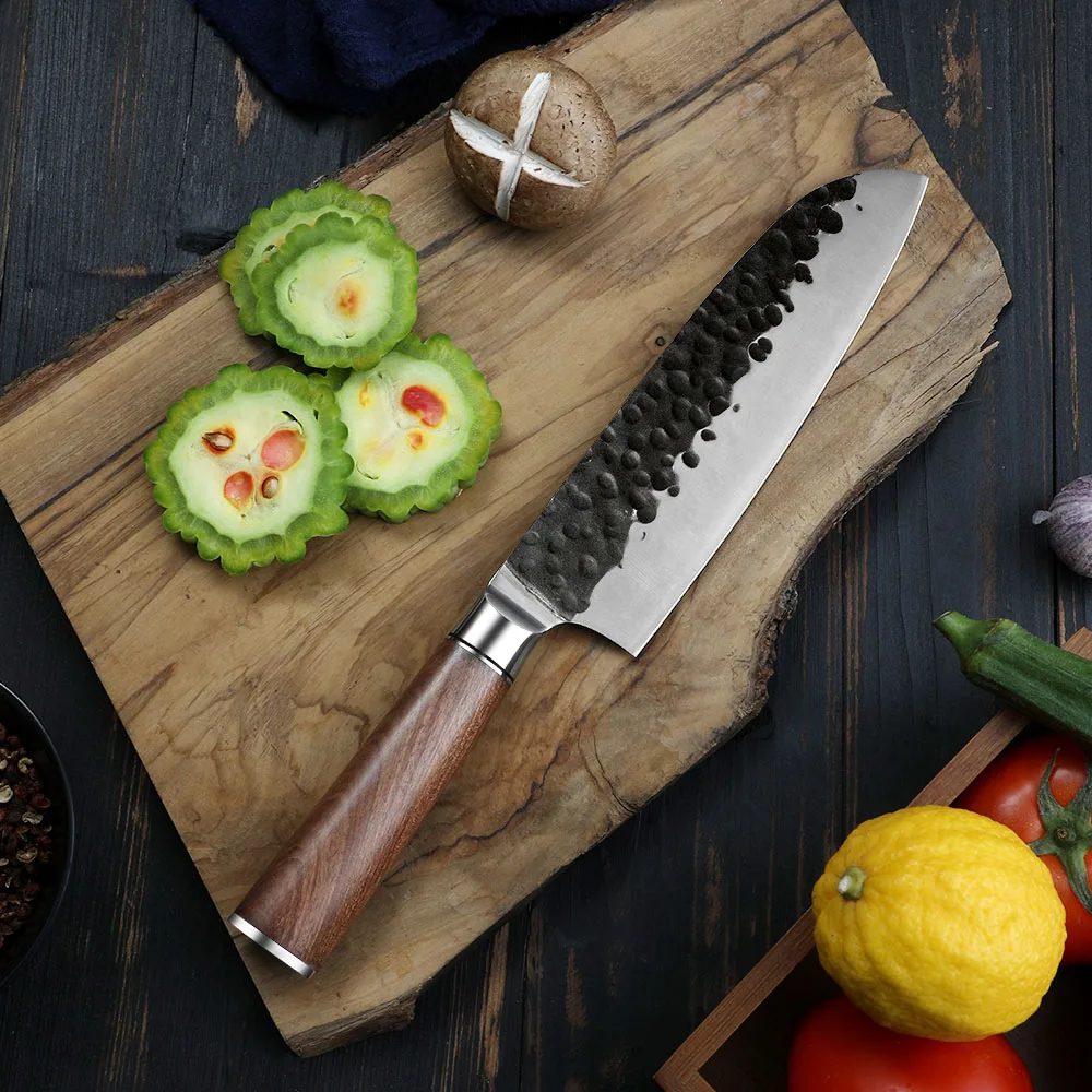 Santoku nůž, Hikari – uhlíková ocel, rukojeť z růžového dřeva, univerzální kuchyňský nůž na maso, ryby a zeleninu - Hikari