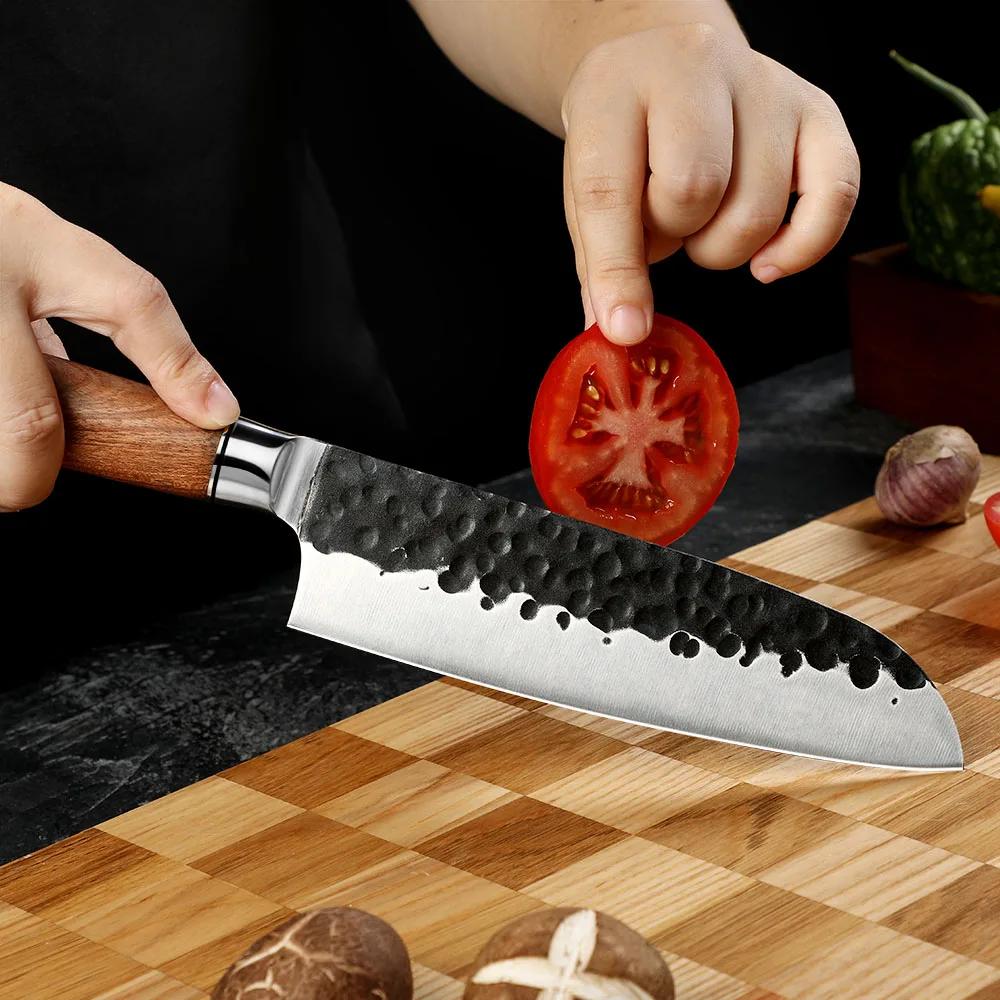 Santoku nůž, Hikari – uhlíková ocel, rukojeť z růžového dřeva, univerzální kuchyňský nůž na maso, ryby a zeleninu - Hikari
