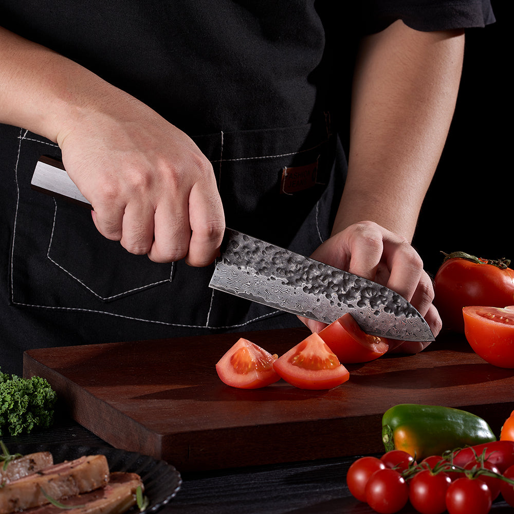 Univerzální kuchyňský nůž Santoku, Hikari - damaškové ostří VG -10, rukojeť z ebenového dřeva - Hikari
