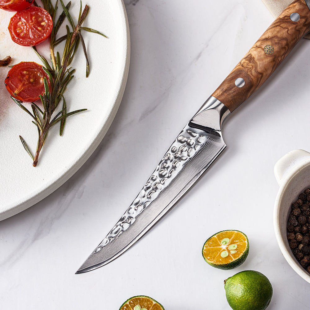 Steakový nůž, Hikari - přesné krájení na grilování a maso s čepelí z damaškové oceli VG-10 a rukojetí z olivového dřeva - Hikari