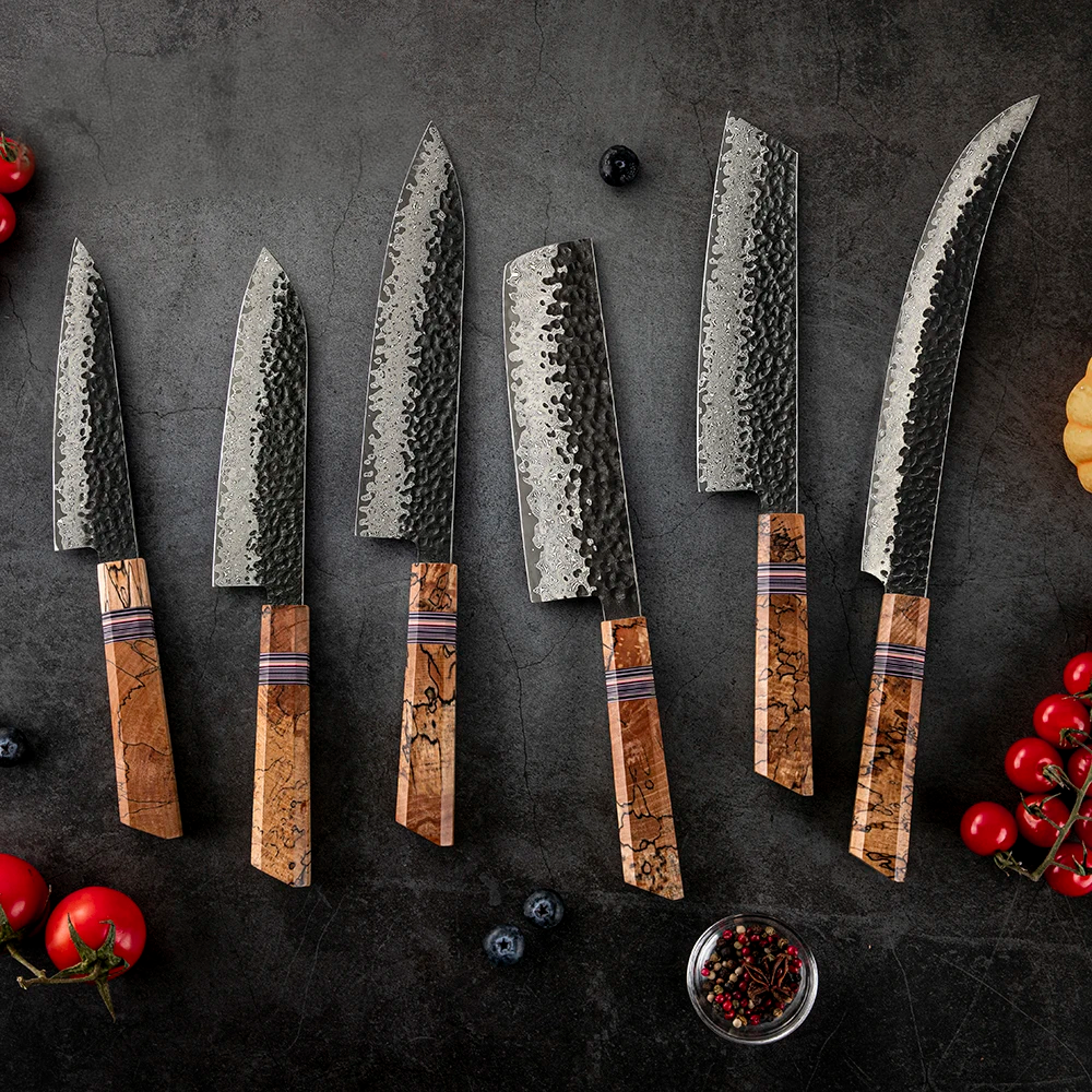 VG-10 Kurouchi Hammered Damascus G10 Spalted Maple Handle