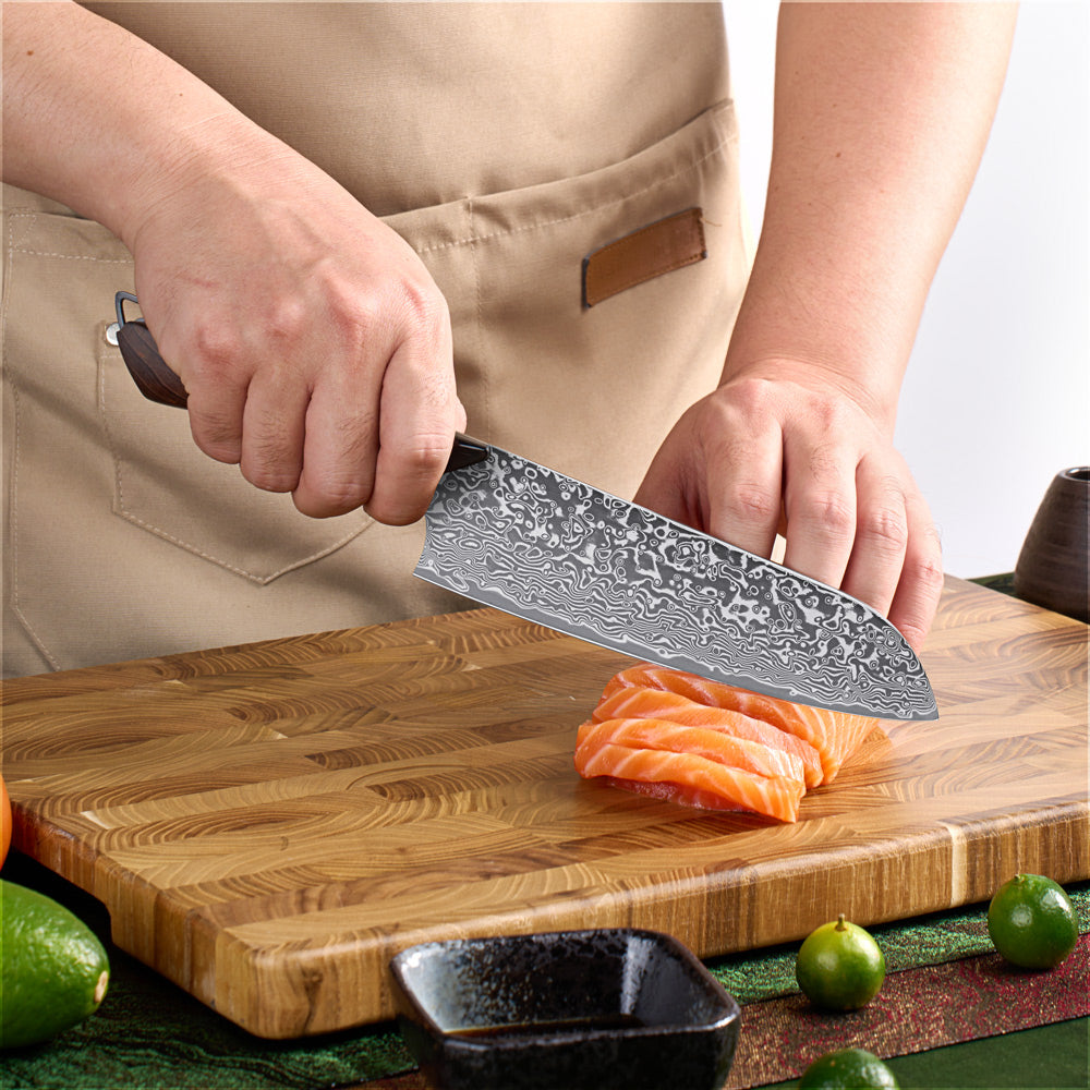 Damaškový nůž Santoku Hikari – 7palcová čepel VG10 a rukojeť z javoru a pryskyřice