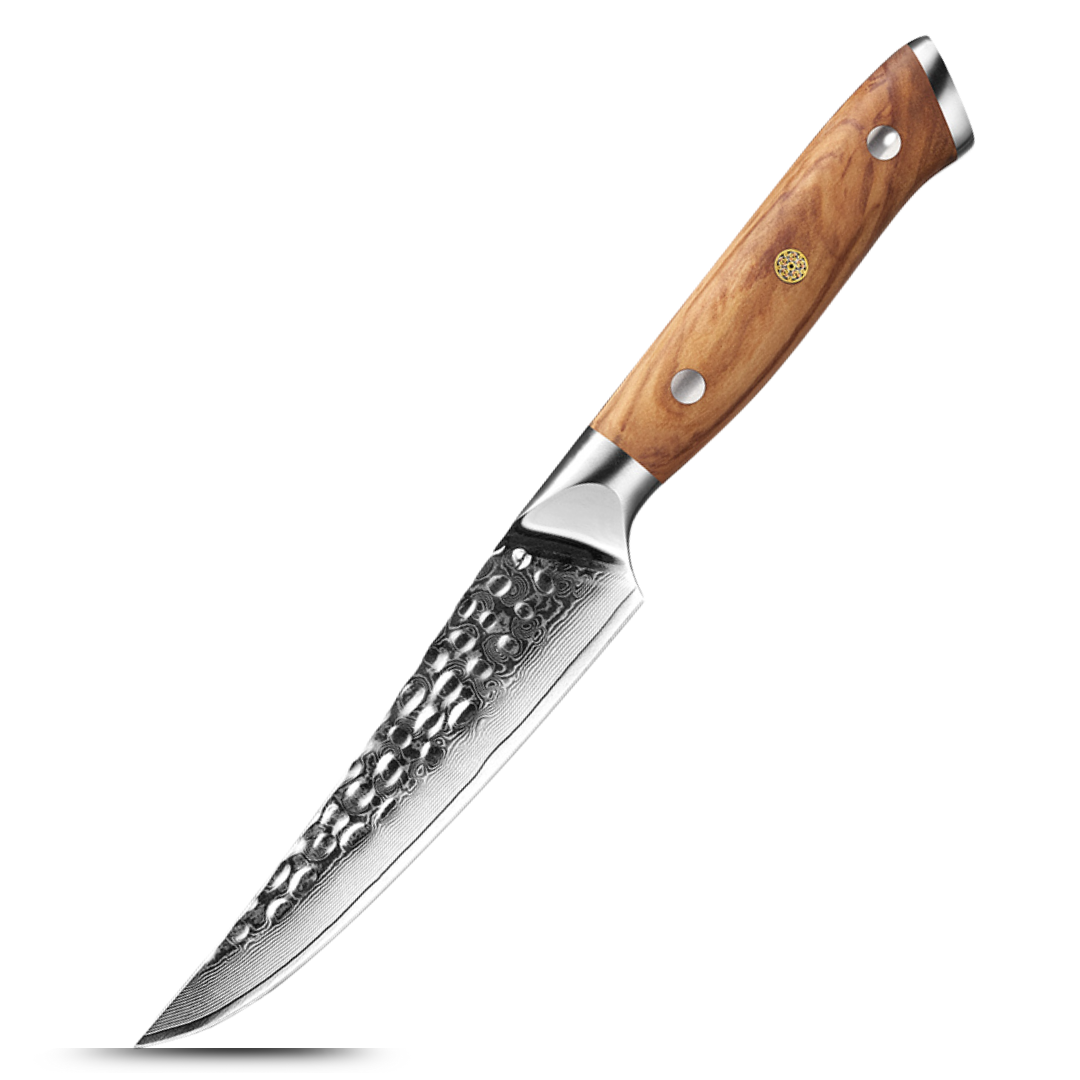 Steak Knife, Hikari – Precision Cutting for BBQ and Meats with VG-10 Damascus Steel Blade and Olive Wood Handle - Hikari 