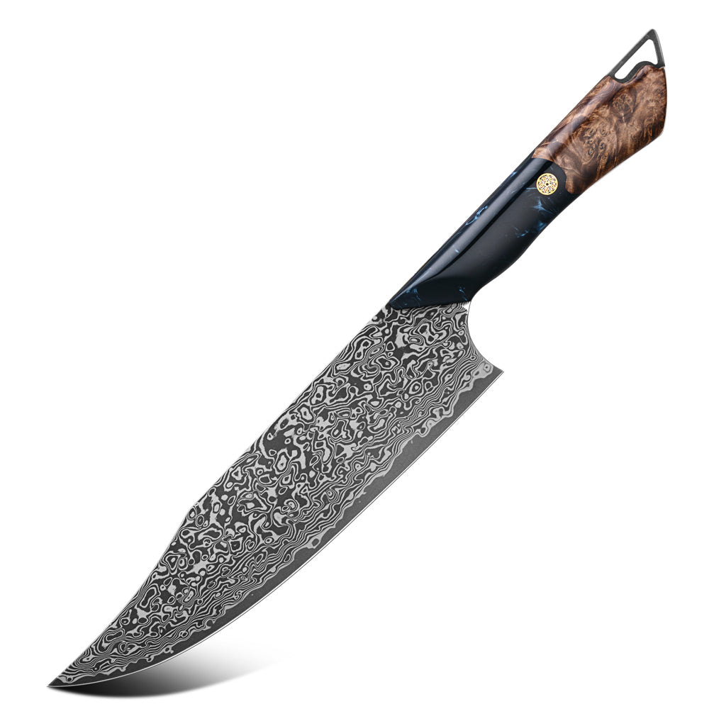 A high-end chef's knife with a Damascus steel blade, a black bolster, and a brown burl wood handle, shown diagonally on a white background.