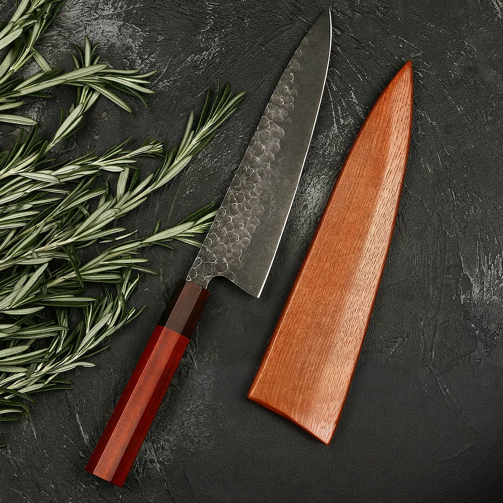 High-Quality Chef Knife, Hikari Knife - Cooking Knife - Hammered High Carbon Steel and Premium Mahogany Handle - Hikari