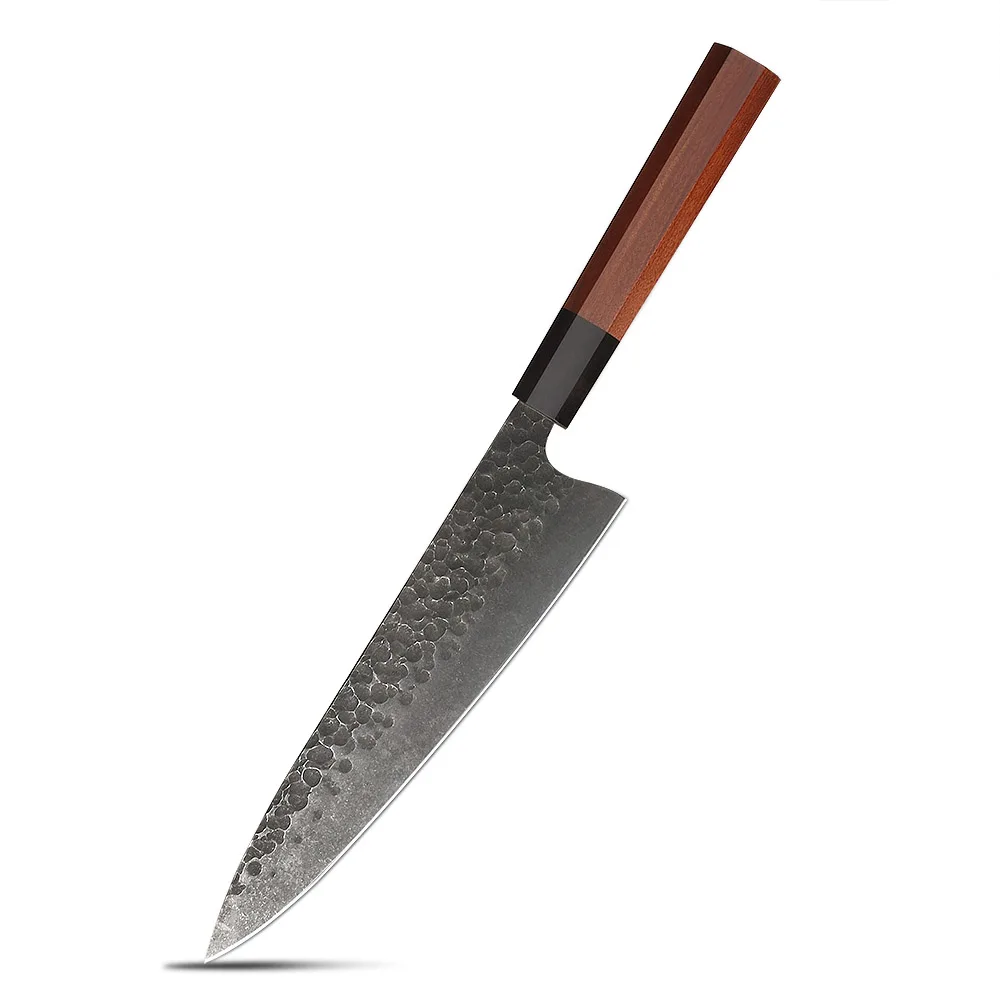High-Quality Chef Knife, Hikari Knife - Cooking Knife - Hammered High Carbon Steel and Premium Mahogany Handle - Hikari