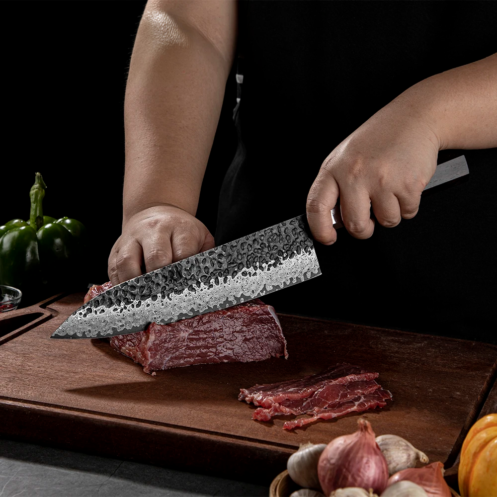 Damaškový kuchařský nůž, Hikari - univerzální, víceúčelový kuchyňský nůž s ergonomickou ebenovou rukojetí - Hikari