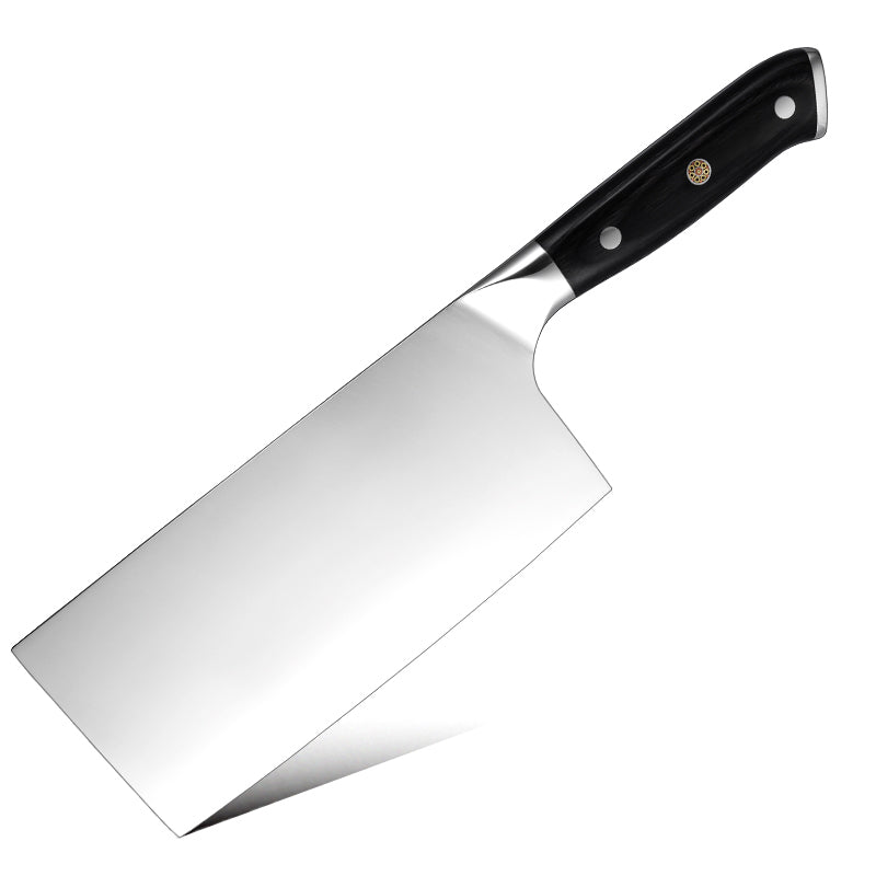 Hikari German Steel cleaver knife with a silver blade and black handle on a white background, branded 'Hikari Knife'.