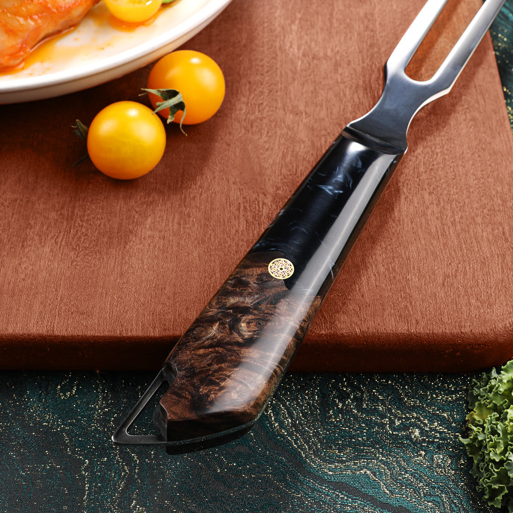 A high-end carving knife with a polished black and dark wood handle, resting on a wooden cutting board with cherry tomatoes and a plate in the background.