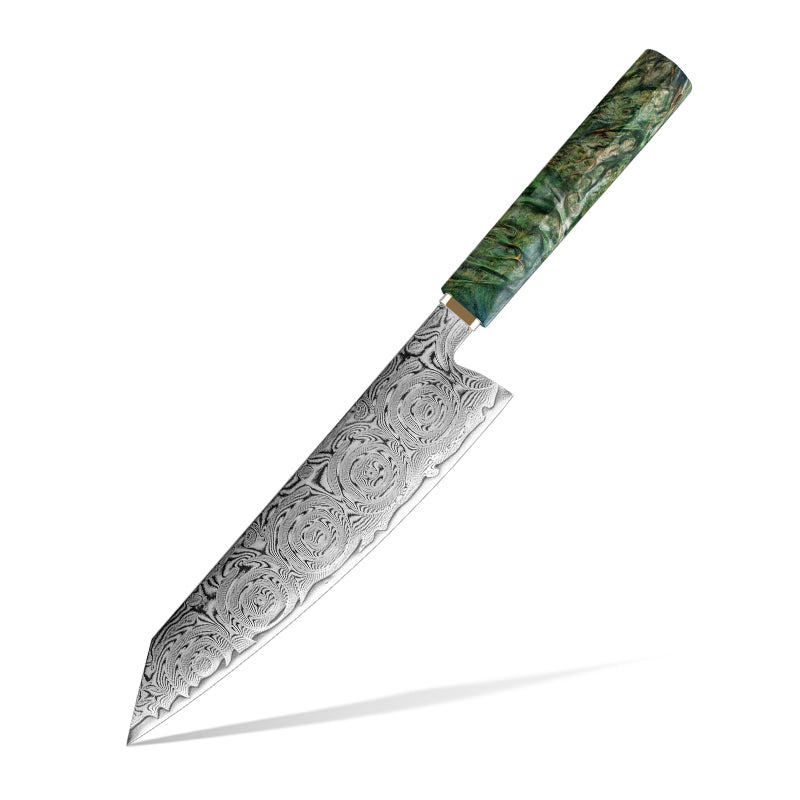 Decorative kiritsuke knife with  ROSE DAMASCUS PATTERN blade and green handle on a white background