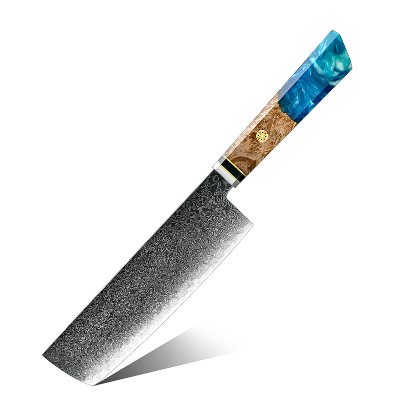 Decorative Nakiri Japanese knife with a blue resin handle on a white background