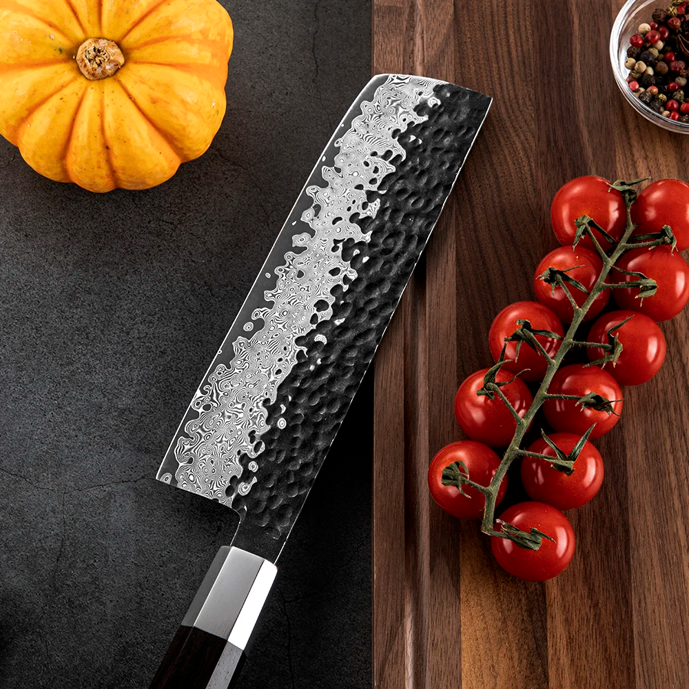 Nakiri Vegetable Knife, Hikari – Damascus VG -10 Blade, Ebony Handle, Japanese Style - Hikari