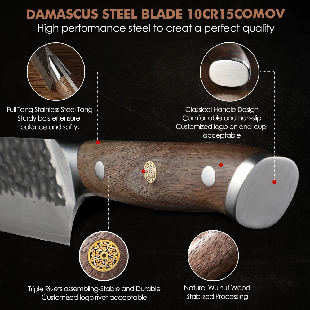 Vegetable Knife, Hikari –  Damascus and VG -10 Steel Blade, Premium Full Tang Walnut Handle, Perfect for Slicing - Hikari
