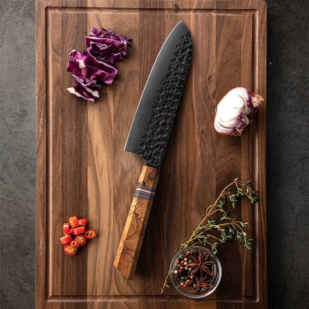 Santoku [Multi-Purpose Knife] - Santoku Kitchen Knife, Hikari – Japanese Style All-Purpose Knife with High Carbon Steel Blade and Spalted Maple Handle - Hikari