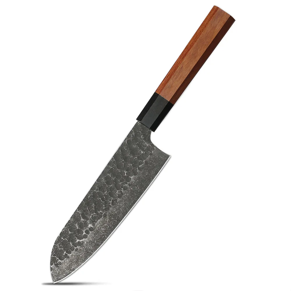Versatile and Sharp Santoku Knife – Durable High Carbon Steel Blade with Hammered Finish and Mahogany Handle - Hikari