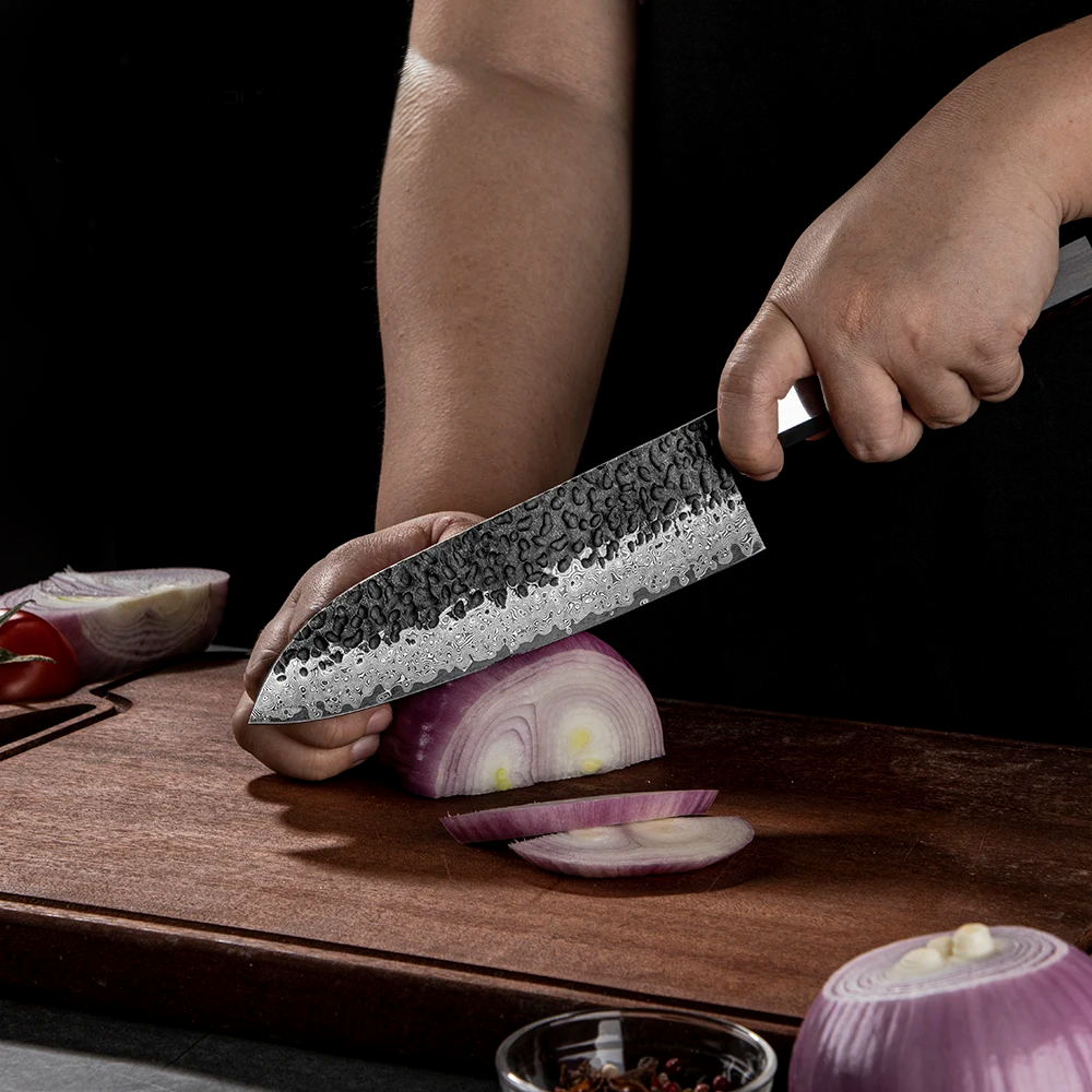Professional Santoku Knife, Hikari  – Damascus Steel Blade, Ebony Handle, Multipurpose Knife - Hikari