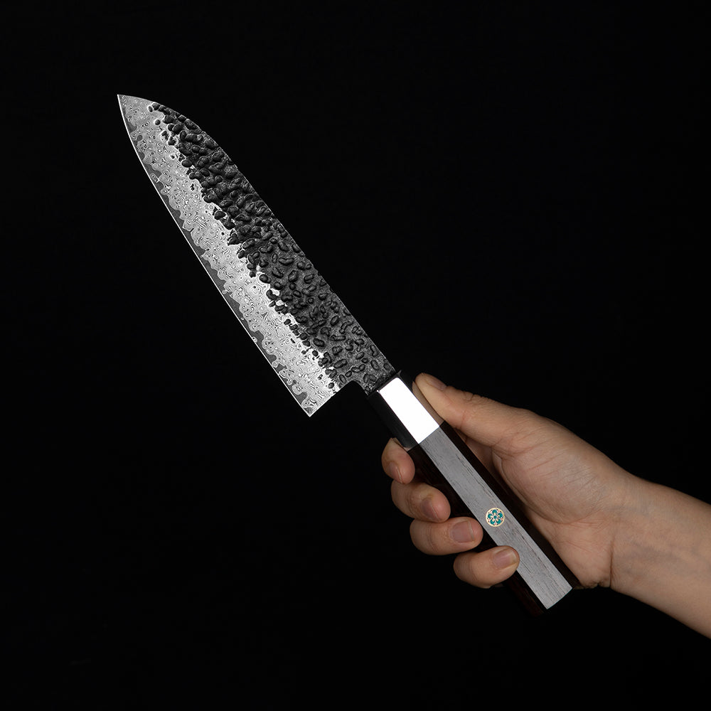 Profesionální nůž Santoku, Hikari – čepel z damaškové oceli, rukojeť z ebenového dřeva, víceúčelový nůž
