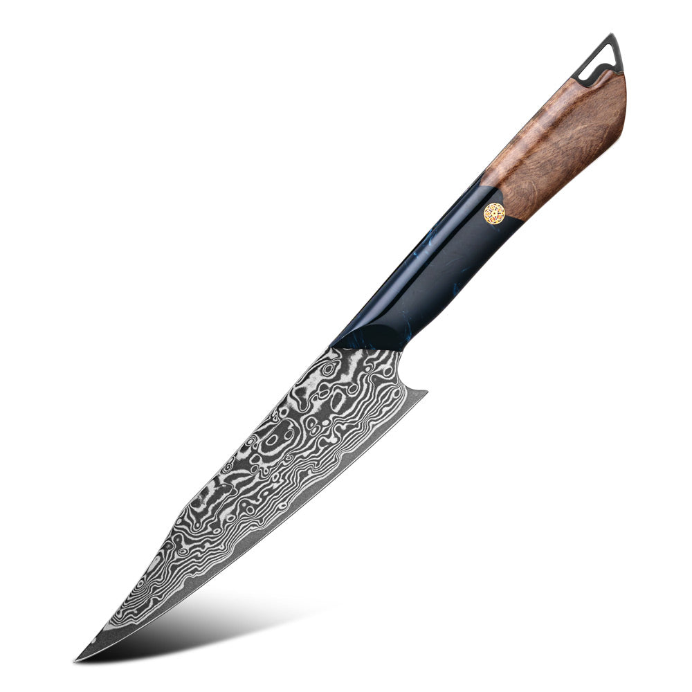 A high-end chef's knife with a Damascus steel blade, a black bolster, and a brown wood-grain handle, shown diagonally on a white background.